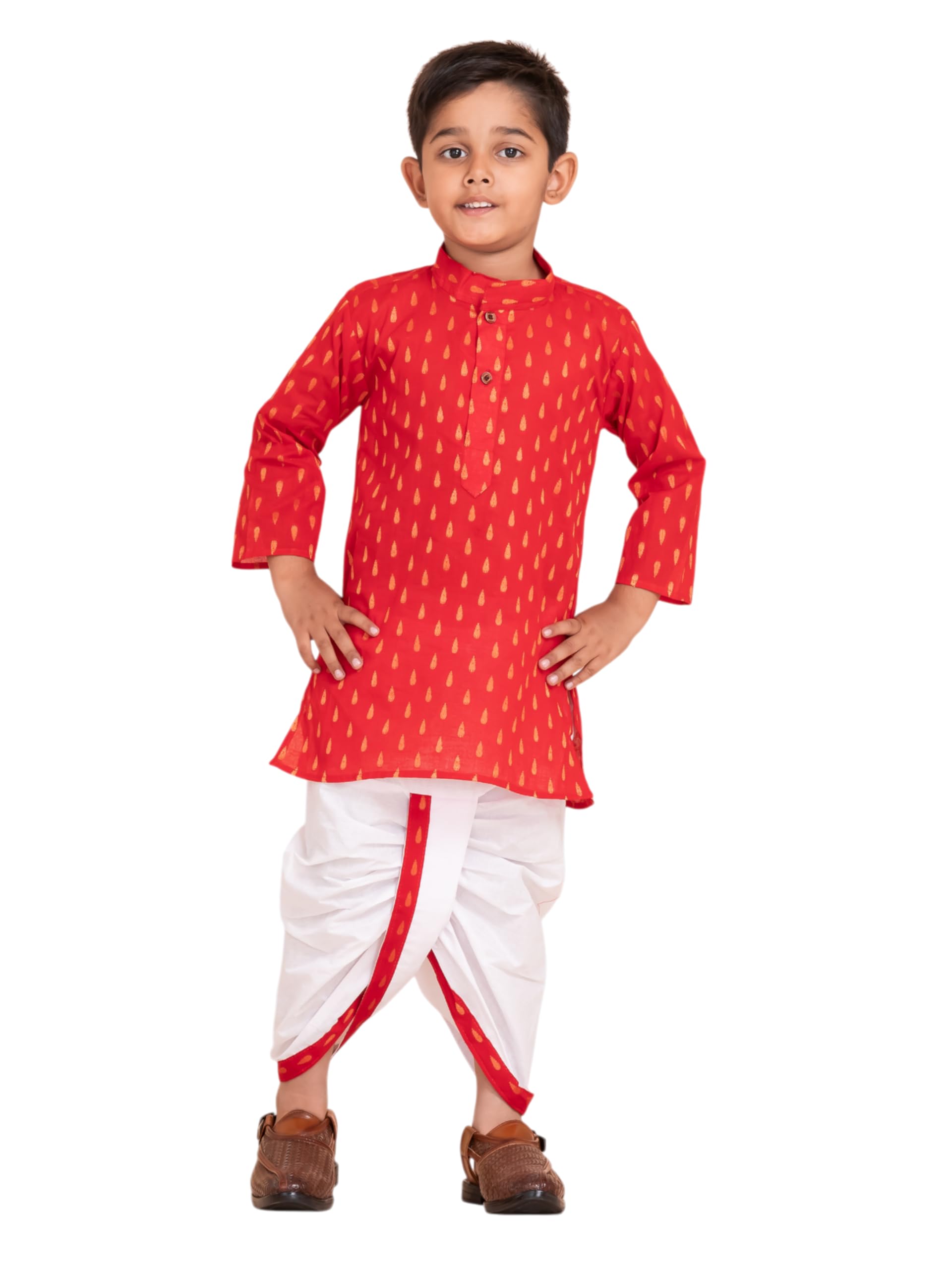 PEKABU Boys Dhoti Kurta Set for Kids - Cotton Kurta and Elastic Waist Dhoti Set - Traditional Dress for Kids (Red, 5-6 Years) - Image 2 thumbnail