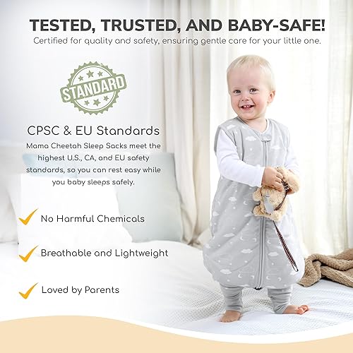 Miniatura 2 de Mama Cheetah Saco de dormir para niños pequeños con pies 3T-4T, 0.5 TOG de algodón orgánico con piernas, saco de dormir para bebés para caminantes,