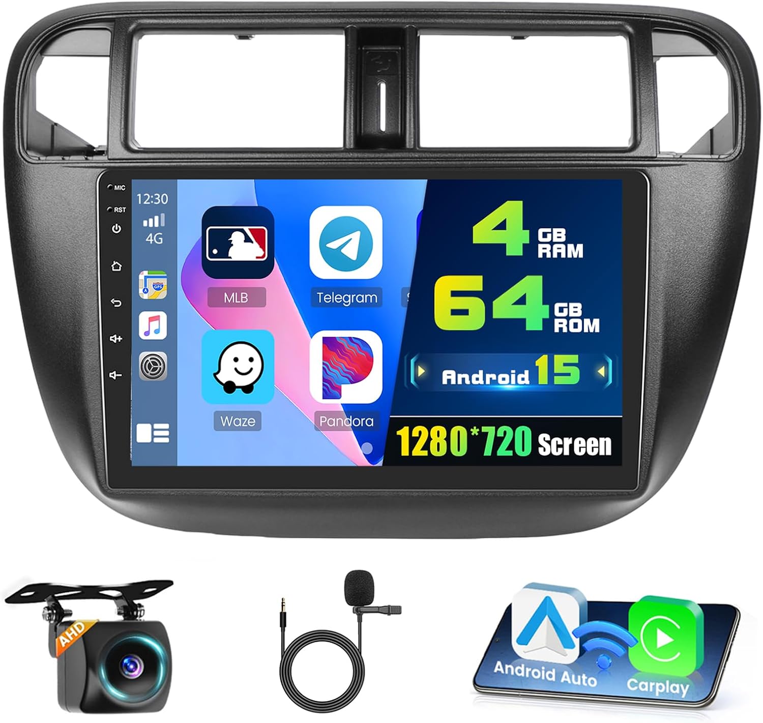4+64G Android 15 Car Stereo for Honda Civic 1996-2001,9 inch IPS 1280 * 720 Touch Screen Radio Wireless Apple Carplay Android Auto DSP 5G WiFi Bluetooth GPS FM RDS+Free AHD Backup Camera