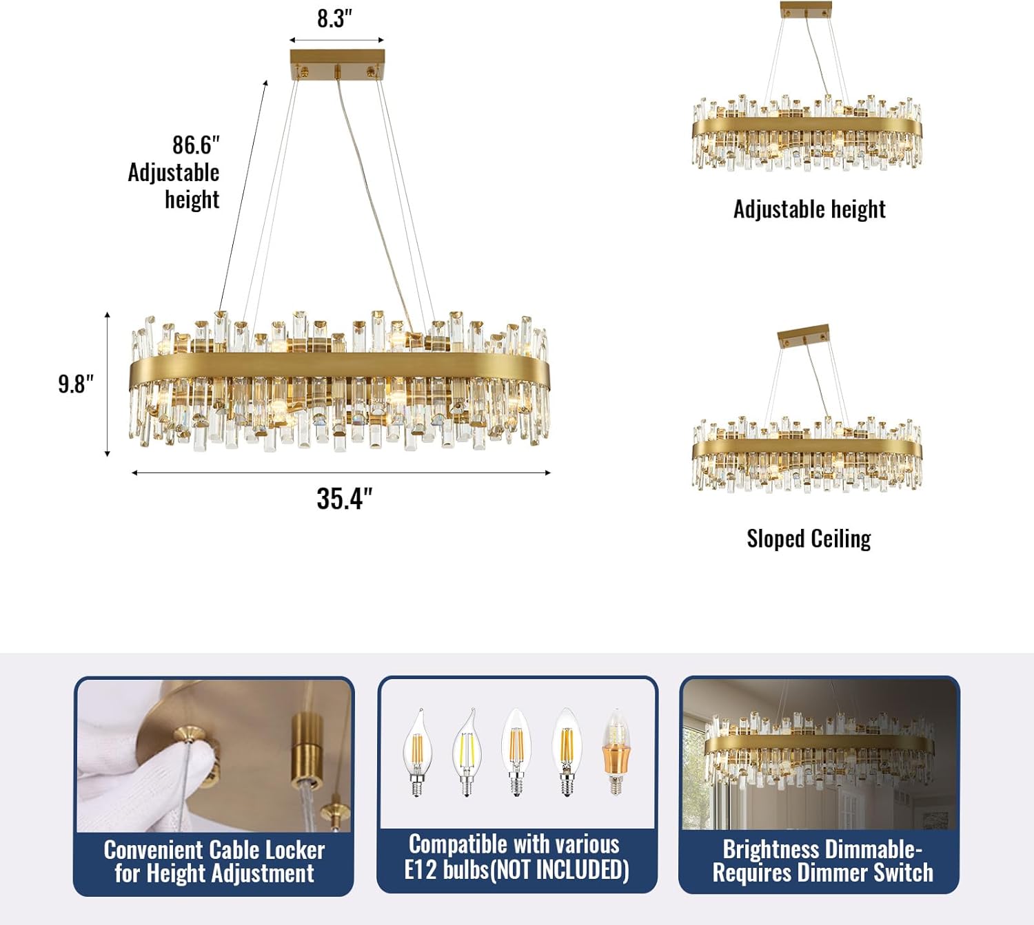 Gold Crystal Chandelier for Dining Room, 16-Light Luxury Rectangle K9 Crystal Hanging Ceiling Light,L35.4 xW15.7 xH9.8 Kitchen Island Light Fixture,Adjustable Chain