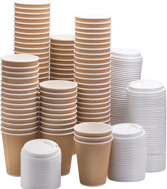 Amazon.com: NYHI Set of 100 Brown Disposable Paper Cups with White Lids ...