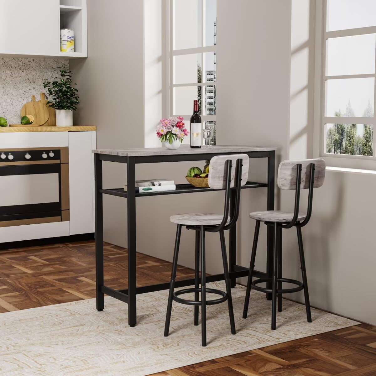 JIJIWANG 3 Piece Bar Table Set, Bar Table and Chairs Set of 2 with Metal Frame and Storage Rack, Modern Counter Height Table with 2 Stools for Kitchen, Dining Room, Living Room, Wood Top, Grey