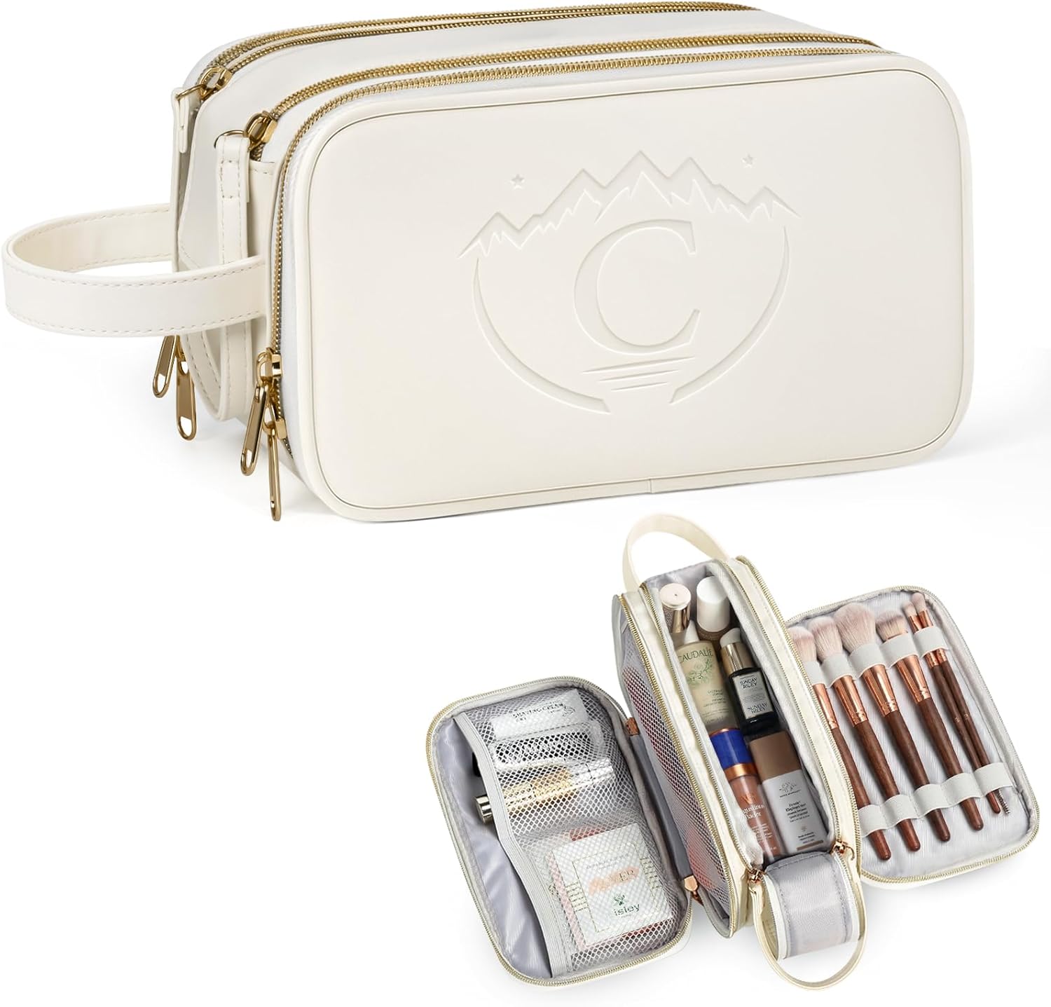 Makeup Bag for Women,Large Capacity Makeup Organizer with Multiple Compartments,Water-Resistant Portable Cosmetic Bag Travel Makeup Pouch,Make up Case Gifts for Mother's Day Women Birthday,White- C
