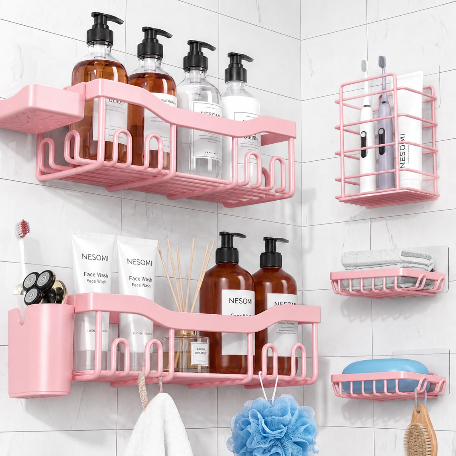 NESOMI Shower Caddy Adhesive Shower Organizer 7-Pack, Rustproof Stainless Steel Bathroom Shelves, Large Capacity No-Drill Rack Storage Accessories with Soap Dish Toothbrush Holder Hooks