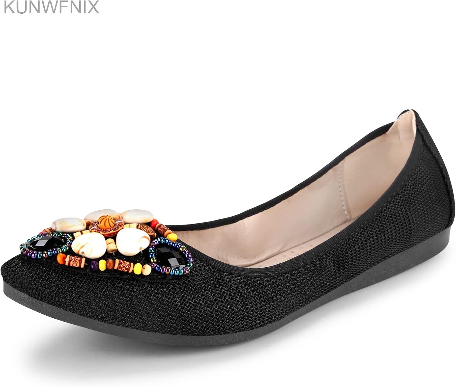 KUNWFNIX Women's Ballet Flats Foldable Classic Crown Rhinestone Slip On Flowers PU Leather Pointed Toe Comfort Flat Casual Dress Shoes - Image 3