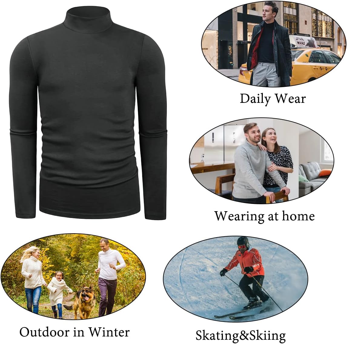 Mens Turtleneck Long Sleeve T Shirts Slim Fit Thermal Undershirt Lightweight Pullover