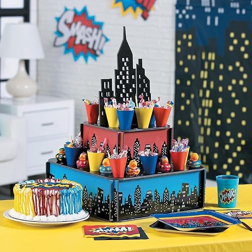 Miniatura 3 de Fun Express Soporte para golosinas de Superhero Skyscraper City  Incluye 32 conos de papel  Suministros y decoración para fiestas de cumpleaños de