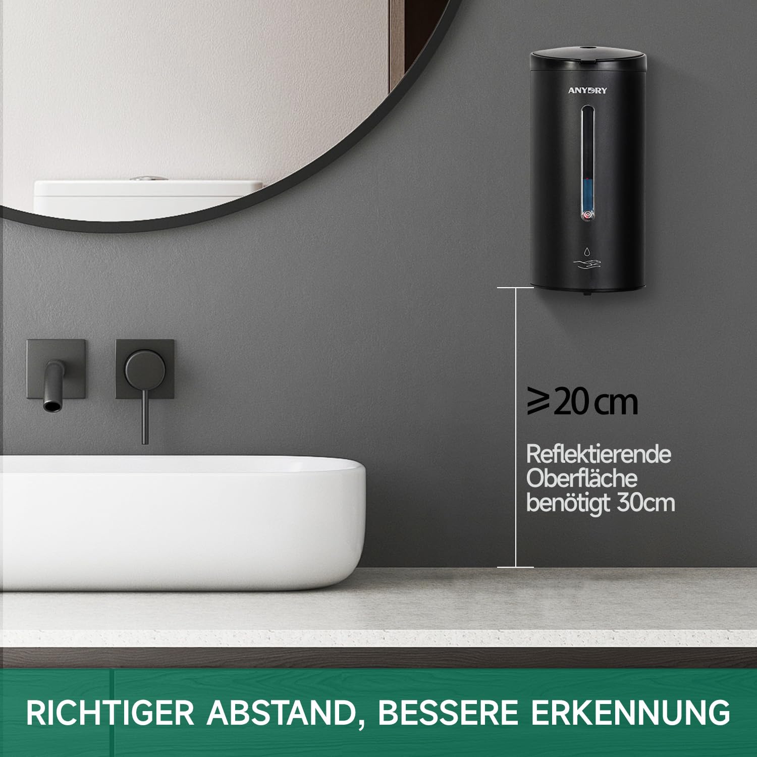 anydry 750ml Professioneller Automatischer Wand-Seifenspender, Korrosionsschutzbeschichtung,Modell 1205E (Matt Schwarz)
