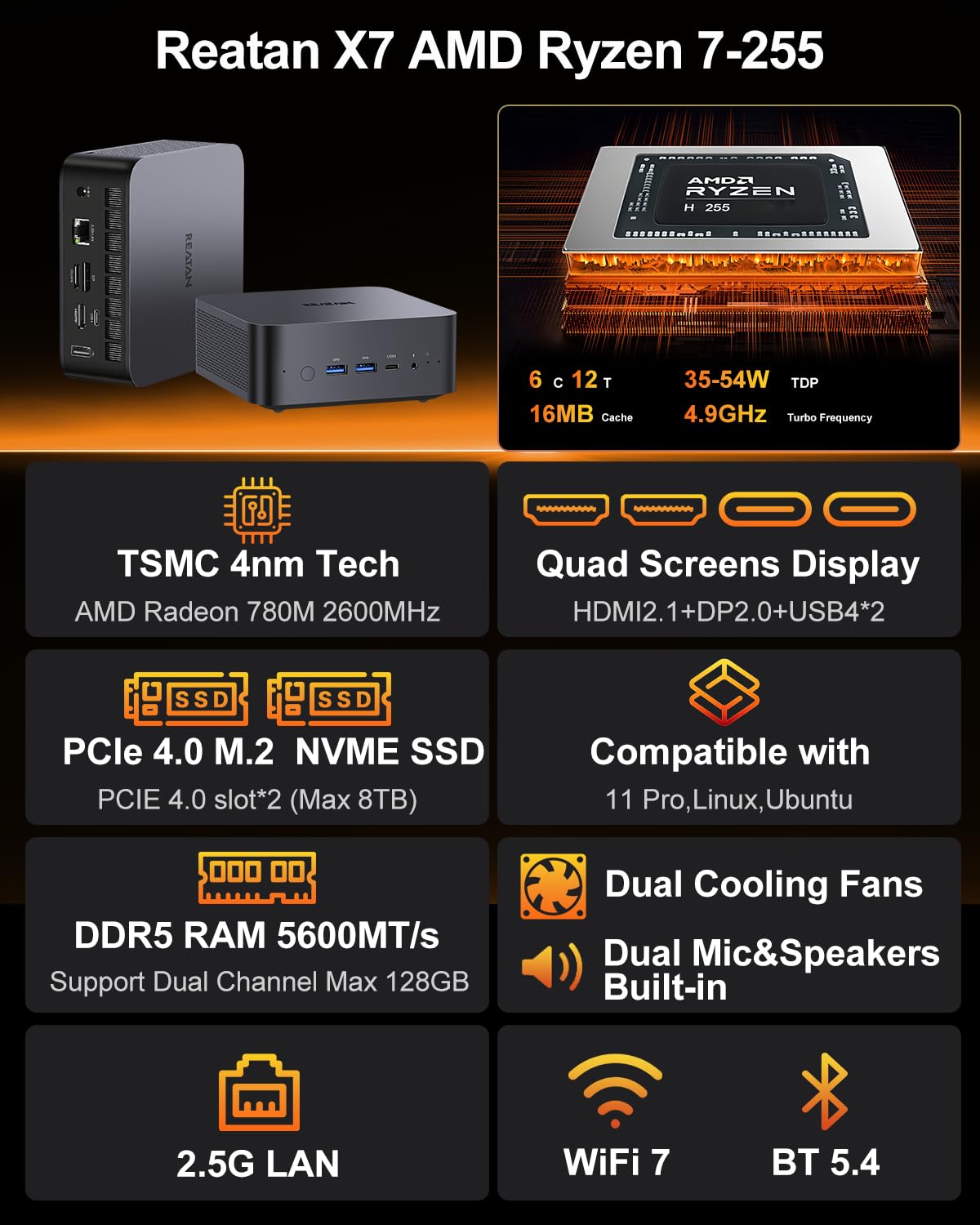 Reatan X7 Mini PC, AMD Ryzen 7 255 (Supera al 8745HS),48GB DDR5,2TB SSD M.2 2230 PCIe 4.0,(8C/16T, hasta 4,9 GHz), OCuLink, Pantalla cuádruple,Doble USB4,WiFi 7,BT5.4,Mini Ordenador