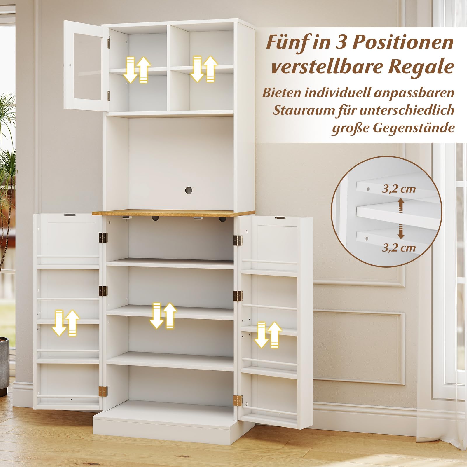 COSTWAY Küchenschrank 170 cm, Buffetschrank hoch, Vorratsschrank mit 2 Glastüren, 8 Türregalen, Arbeitsplatte & verstellbare Regalen, Hochschrank Mehrzweckschrank, für Küche Wohnzimmer Esszimmer, Weiß