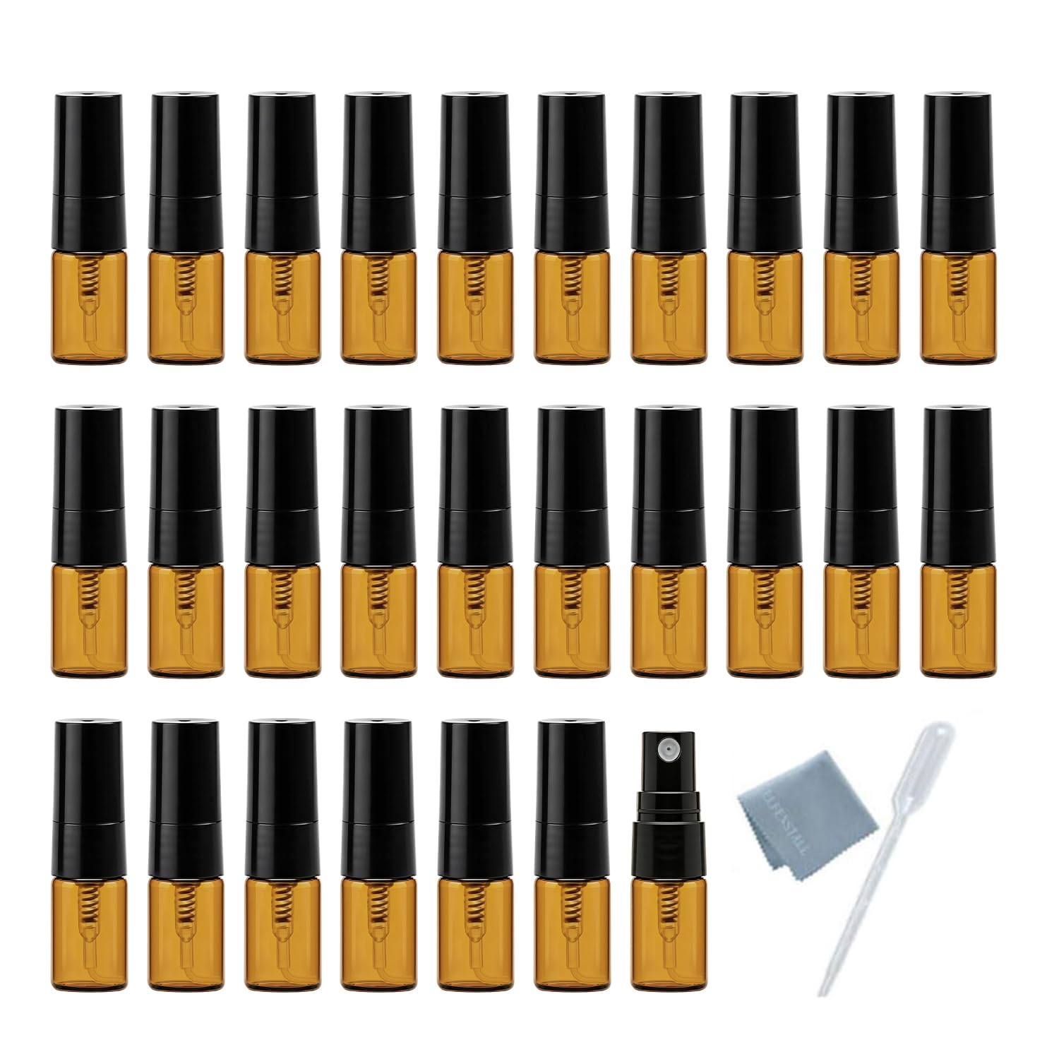 30pcs 2ml Brown Amber Fine Mist Mini Atomizer Vial Small Glass Bottle Spray Refillable Perfume Empty Sample Bottle Clean Cloth 3ML Pipette Dropper for Travel Party-image-16