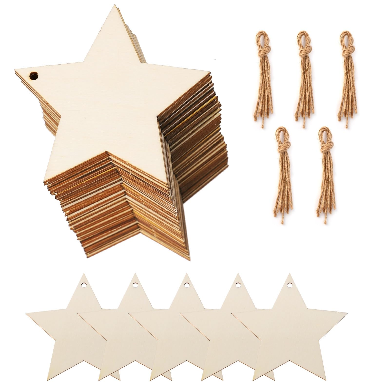 Tmflexe 50Pcs Unfinished Wooden Stars Ornanents Independent Christmas Decoration Present Xmas Tree Hanging Wood Slices for Kids DIY Art Crafts Stars