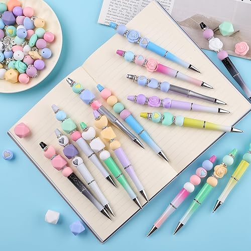Miniatura 7 de Juego de 16 bolígrafos de plástico con cuentas surtidas, cuentas de silicona, juego de cuentas espaciadoras de cristal, tinta negra, juego de