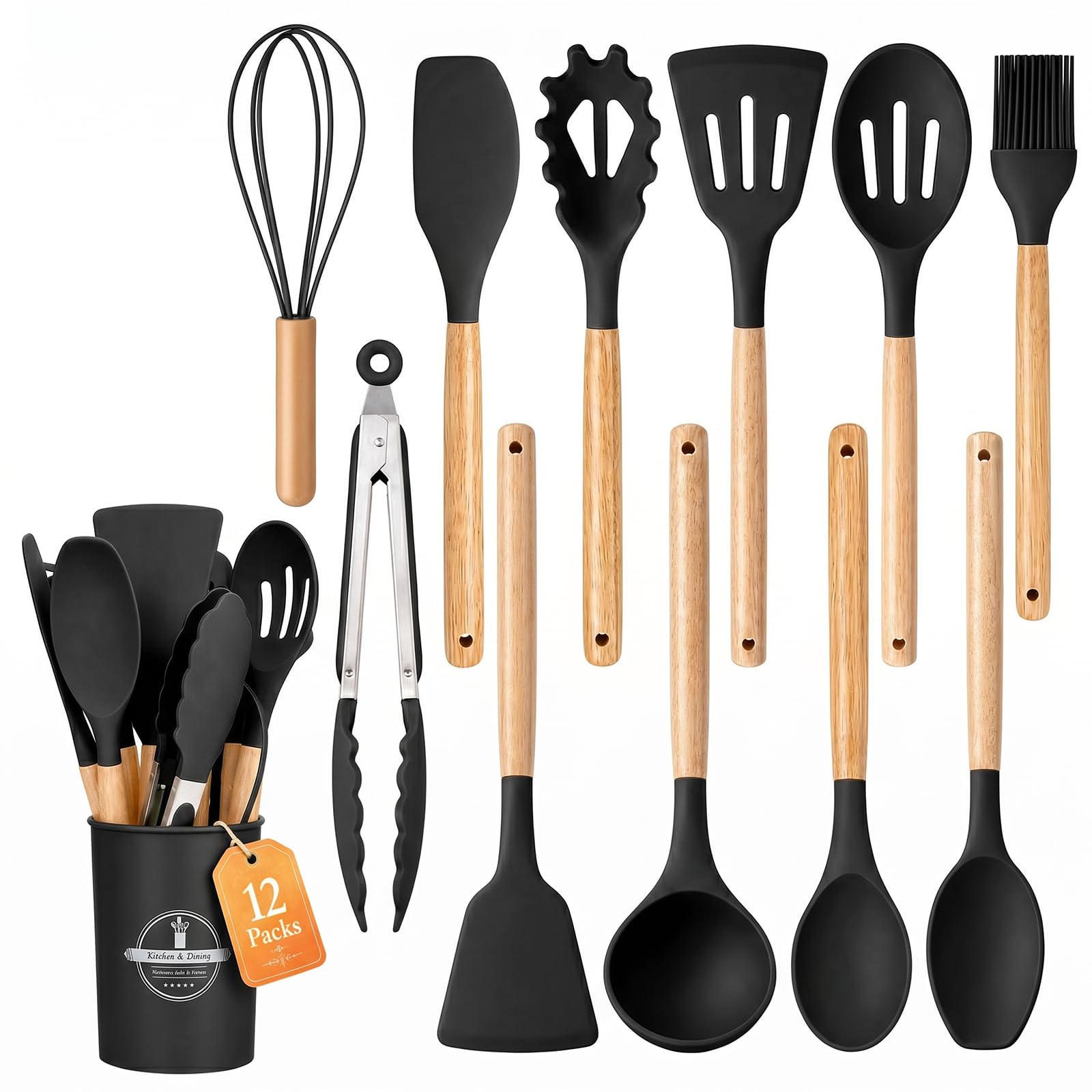 Bojury Silicone Kitchen Utensils Set, 12pcs Non Stick & Heat Resistant Cooking Set with Holder, Ladles, Spoons and Spatulas Set -Kitchen Tools & Accessories Black