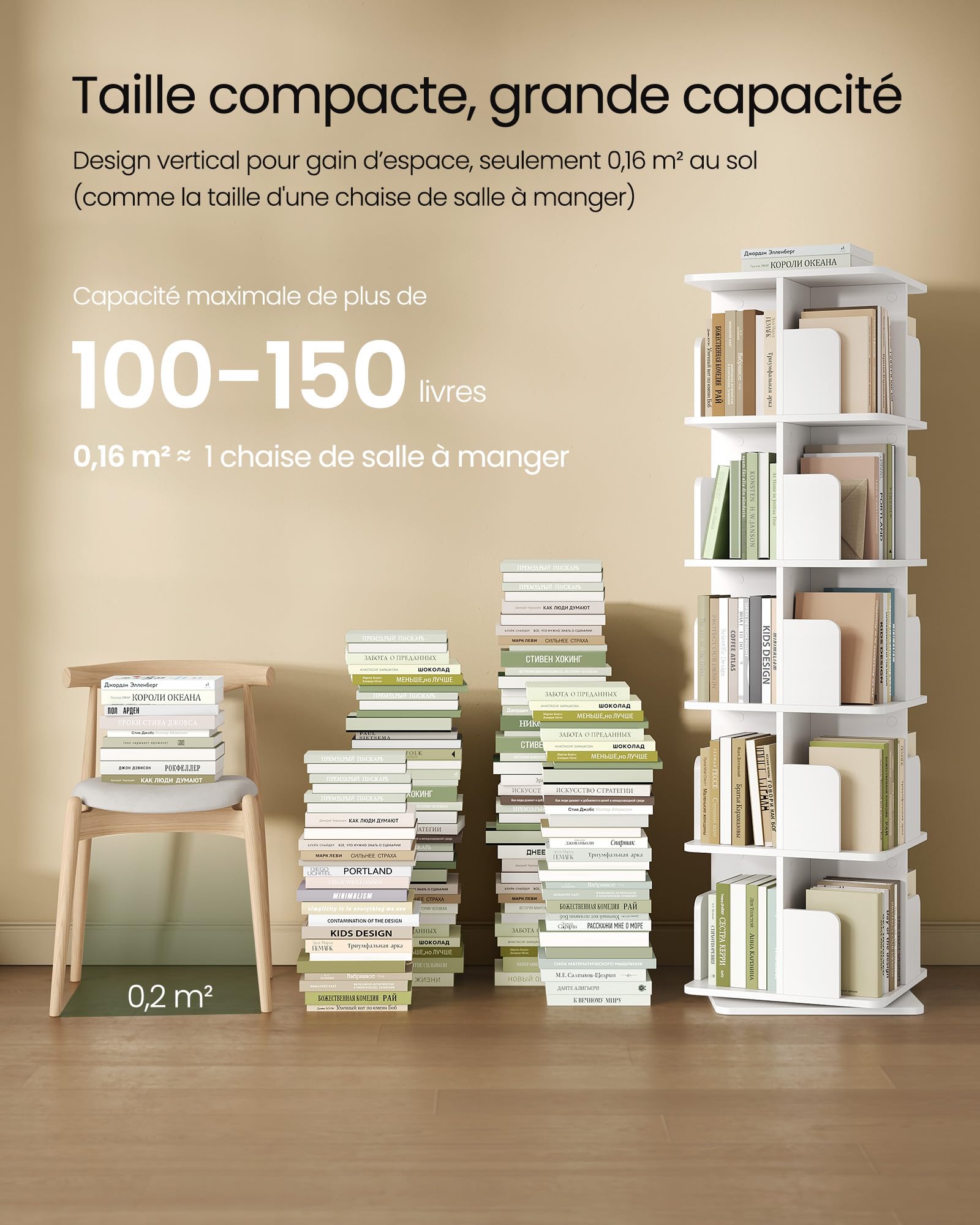 EUGAD Obrotowy regał na książki 5 poziomów 360° 40 x 155 x 40 cm biały