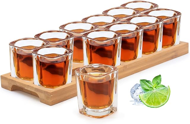SuproBarware Shot Glasses Set 2 oz/60ml Cocktail Holder and Shot Glass Drinks Serving Board Organizer with Clear Crystal Glass 12 pcs for Liquor Shots Whisky Brandy Vodka Rum at Home Party Bar