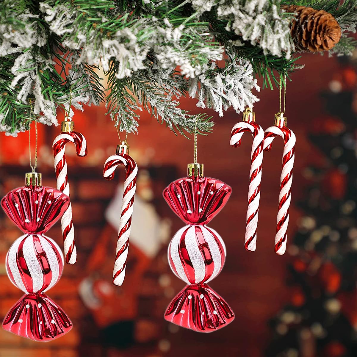 Bolas de Navidad grandes bolas de decoración de caña de caramelo, 18 piezas, bolas de Navidad con lentejuelas, decoraciones de árbol de Navidad, rojo y blanco, adornos navideños(12 cm)