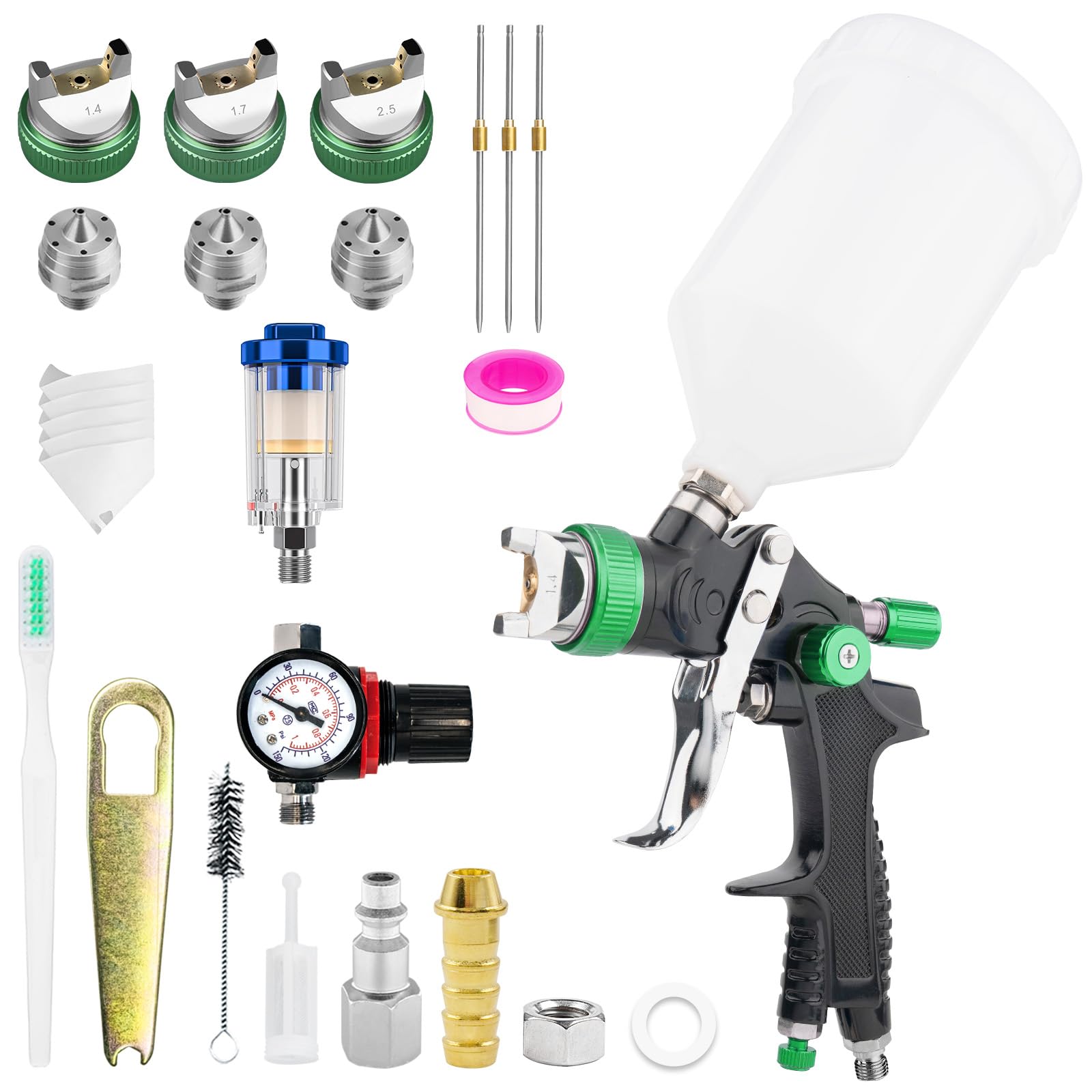 HVLP Lackierpistole Spritzpistole Kit mit 1,4/1,7/2,5mm, Farbspritzpistole Profi Lackierpistole Druckluft Schwerkraft Sprühgeräte mit 600 ml Plastikbecher Luftdruckregler für Autos & Haus (Grün)