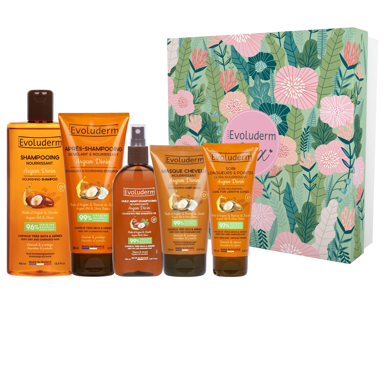 EVOLUDERM Argan Divin - Coffret Soins Capillaires + Shampoing Nourrissant + Après-Shampoing Démêlant + Soin Longueurs & 