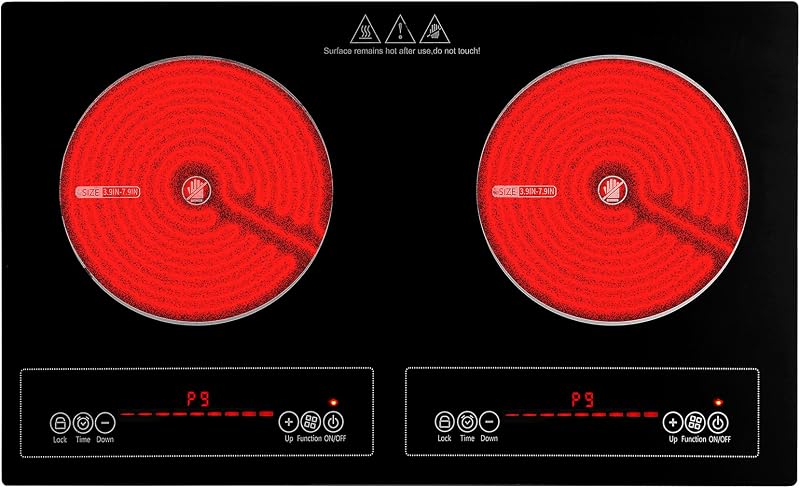 2 Burner Electric Cooktop,110V 2500W Electric Stove Top with Touch Control,9 Heating Level,Timer & Kid Safety 2 burner cooktop.