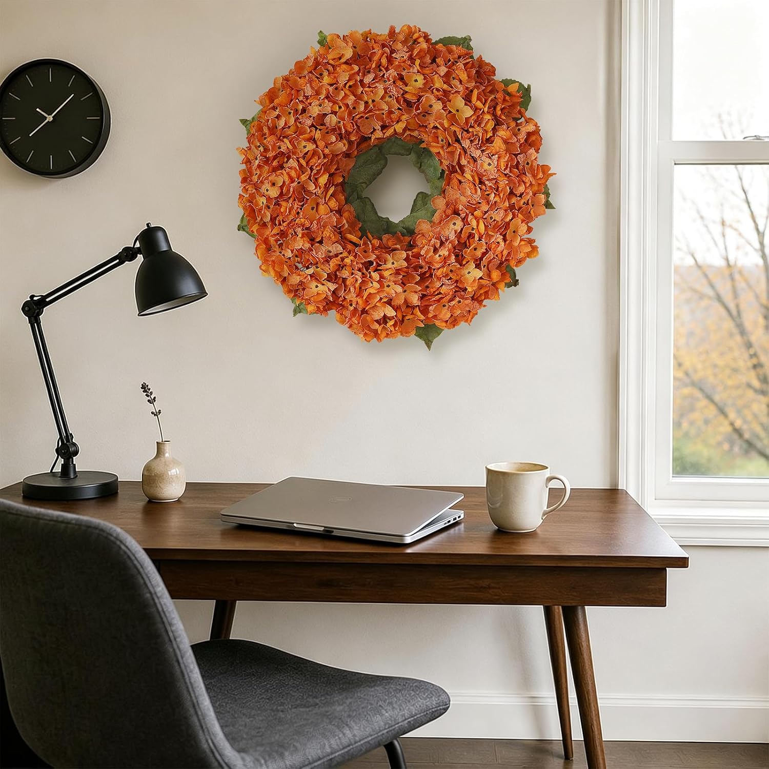 21" Fall Artificial Hydrangea Flower Wreath for Front Door Decor(Orange) | Burnt-Edge Design, Realistic and Full, Fake Silk Flower Plant, for Wall/Window/Porch/Farmhouse/Home/Outdoor Autumn Decor