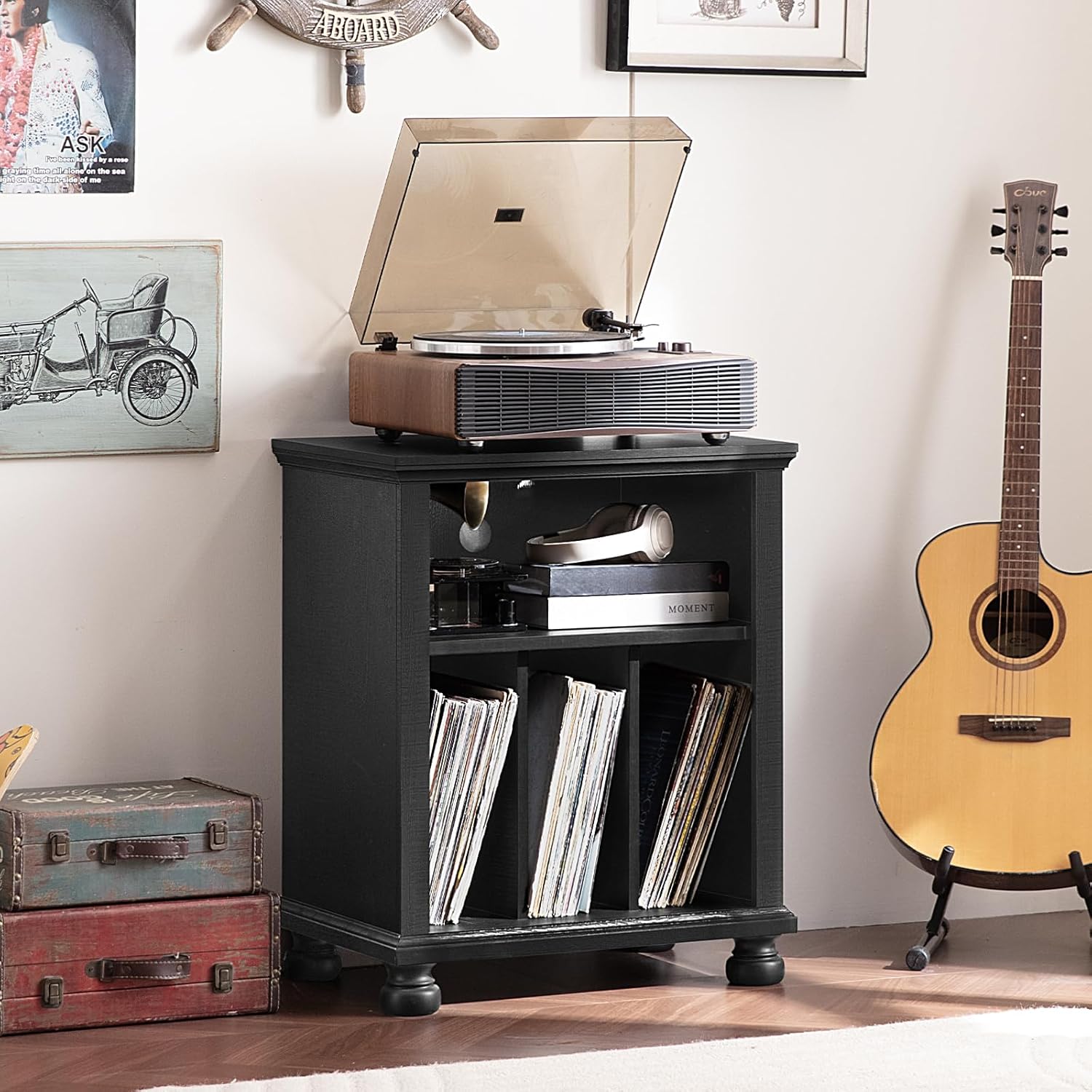 Joaxswe Record Player Stand with Vinyl Record Storage, 24" Wide Mid-Century Record Player Table Up to 200 Albums,Large Wood Turntable Stand Cabinet Dispaly Shelf for Living Room,Bedroom,Black
