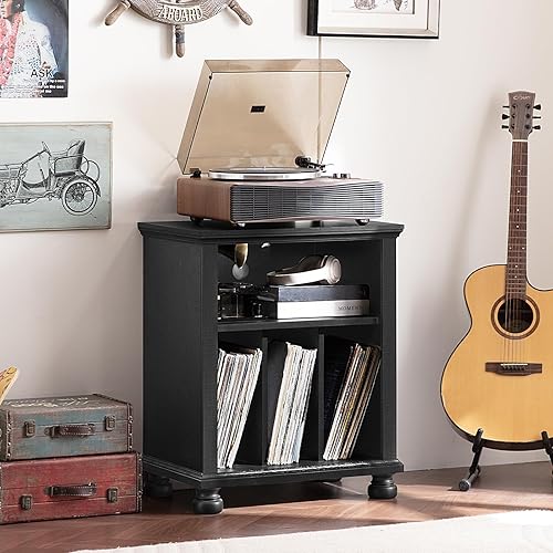 Miniatura 8 de Soporte para tocadiscos con almacenamiento de discos de vinilo, mesa de tocadiscos de mediados de siglo de 24 pulgadas de ancho hasta 200 álbumes,