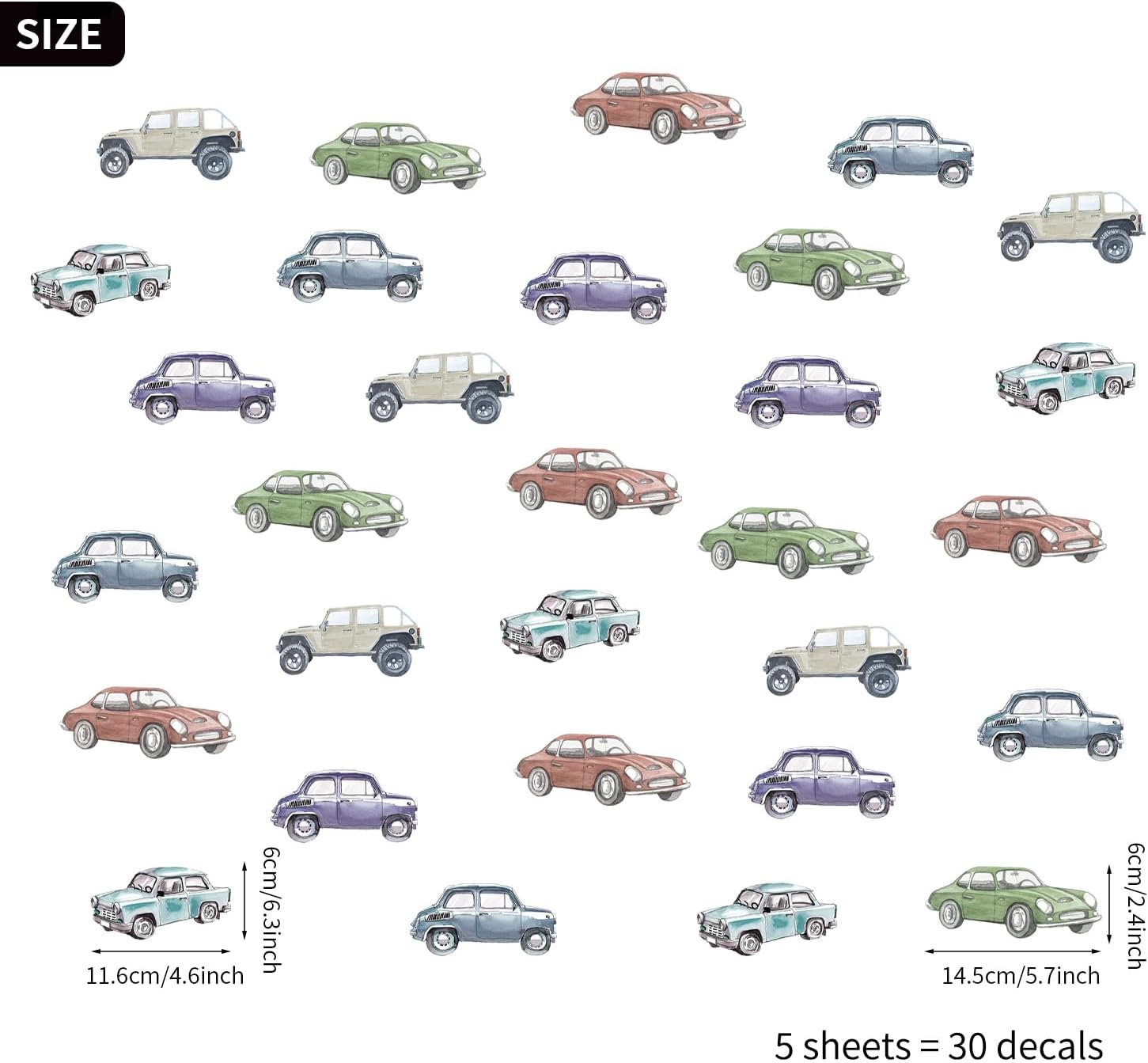 30 PCS Boy Wall Decals Peel and Stick, Watercolor Multicolor Cars Wall Sticker for Baby Boys Room Kids Playroom Gender Neutral Room Nursery Wall Art Stickers Decor