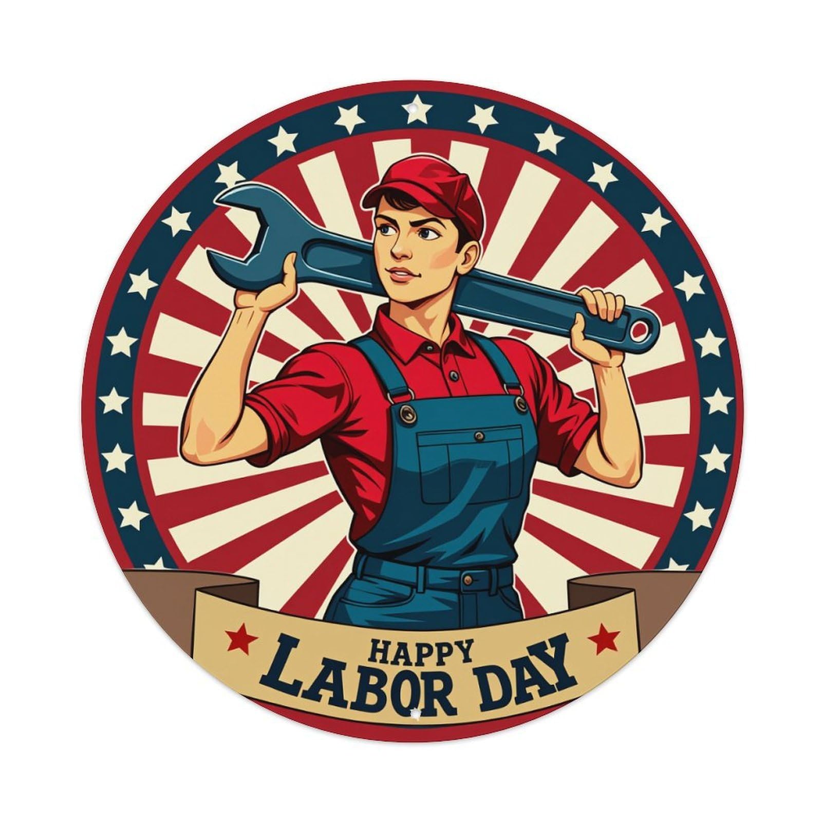 American Worker With Wrench And Stars Round Tin Sign Vintage Metal Poster, Home Bar Garage Man Cave Cafe Indoor & Outdoor Wall Decoration 8x8Inches