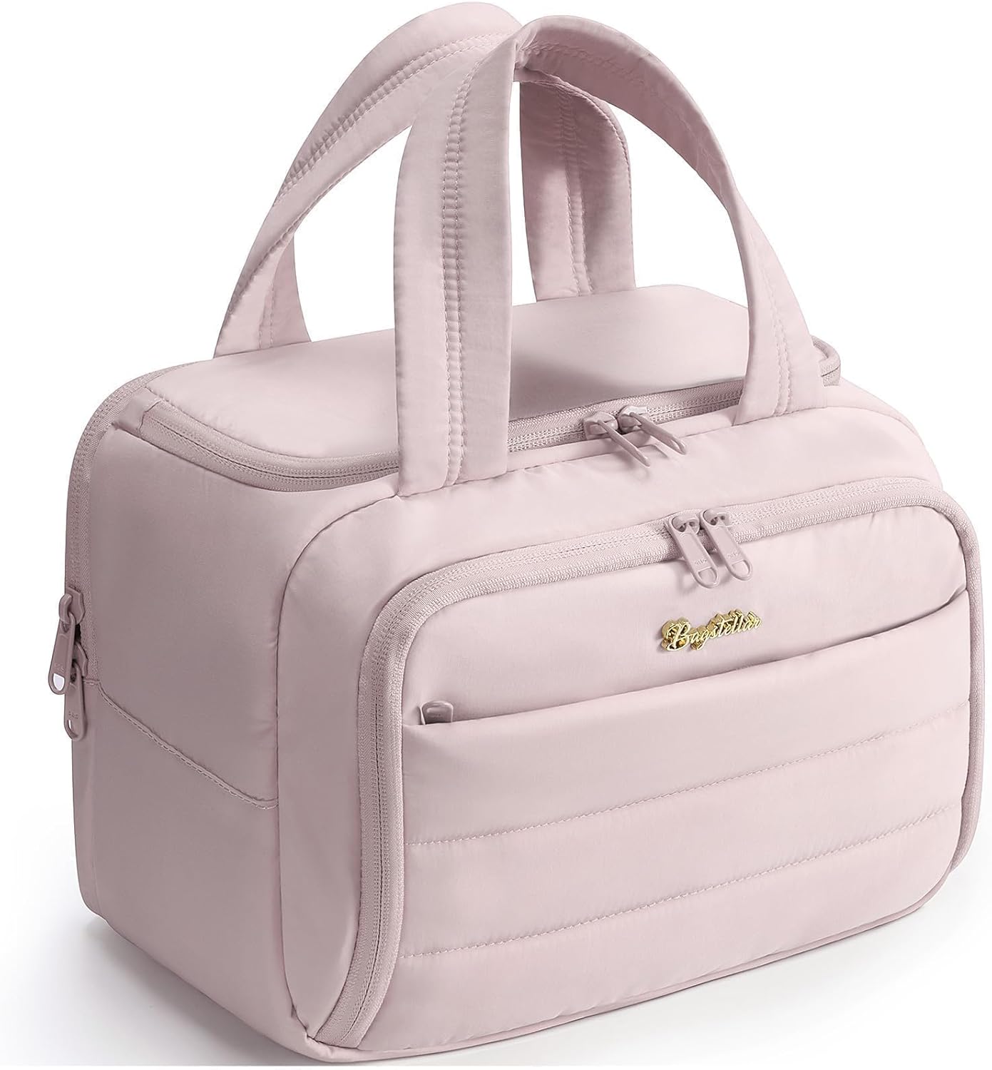 Travel Toiletry Bag for Women, Lightweight Large Quilted Puffy Makeup Bag Wide-open Make up Organizer Cloud Cosmetic Bag w/Handle for Traveling Toiletries Essentials Accessories Light Pink