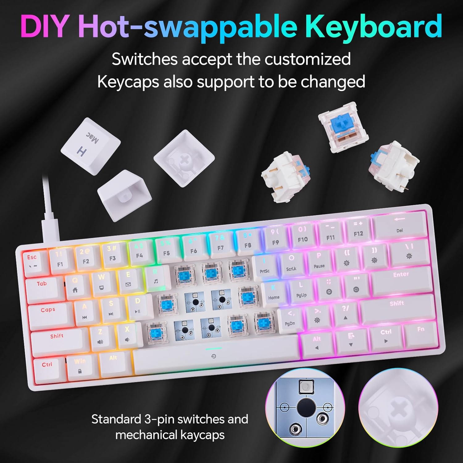 Mechanical 60% Keyboard RGB 1680M Color Backlit Compact Mini 61 Key Blue Switch Portable Keypad Compatible with Windows iMac Laptop PC Computer Office Gamer(White)