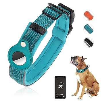Airtag Dog Collar, PETNANNY Reflective Dog Collar with Airtag Holder, Padded Nylon Heavy Duty Dog Collar, Adjustable Pet Collar with Quick Release Buckle for Medium Large Dogs (Blue, XL)