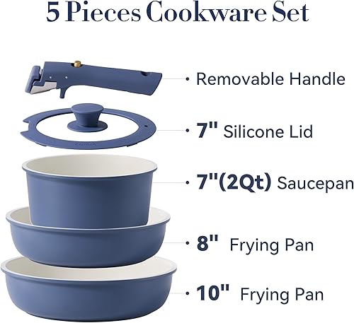 Miniatura 2 de CAROTE Juego de 5 ollas y sartenes antiadherentes, juego de utensilios de cocina, mango desmontable, artículos esenciales de cocina, olla y sartén