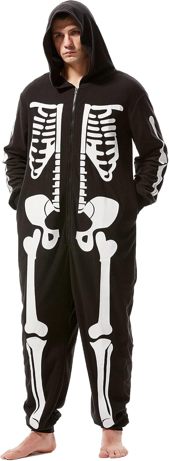 Adult Men's Skeleton Halloween Costume Unisex Skeleton Jumpsuit Plush Pajamas Onesie Cozy One Piece Cosplay for Men