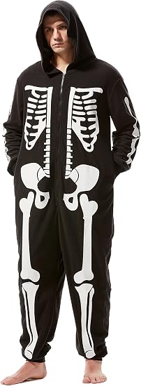 Adult Men's Skeleton Halloween Costume Unisex Skeleton Jumpsuit Plush Pajamas Onesie Cozy One Piece Cosplay for Men