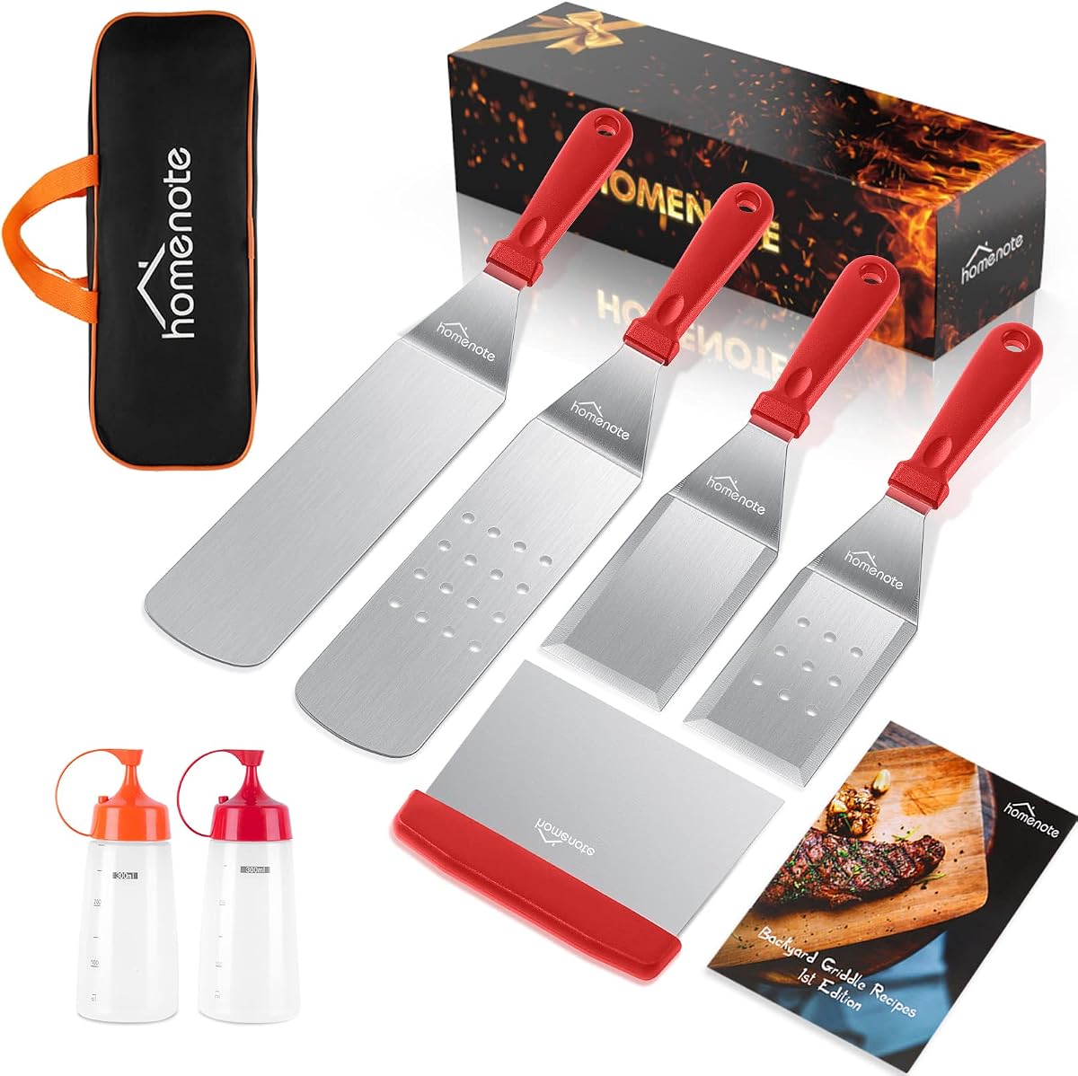 Red Griddle Accessories Kit, Griddle Spatula Set for Blackstone | 8-Piece flat top grill tools include 4 spatulas, scraper, 2 squeeze bottles and storage bag with red plastic handles.
