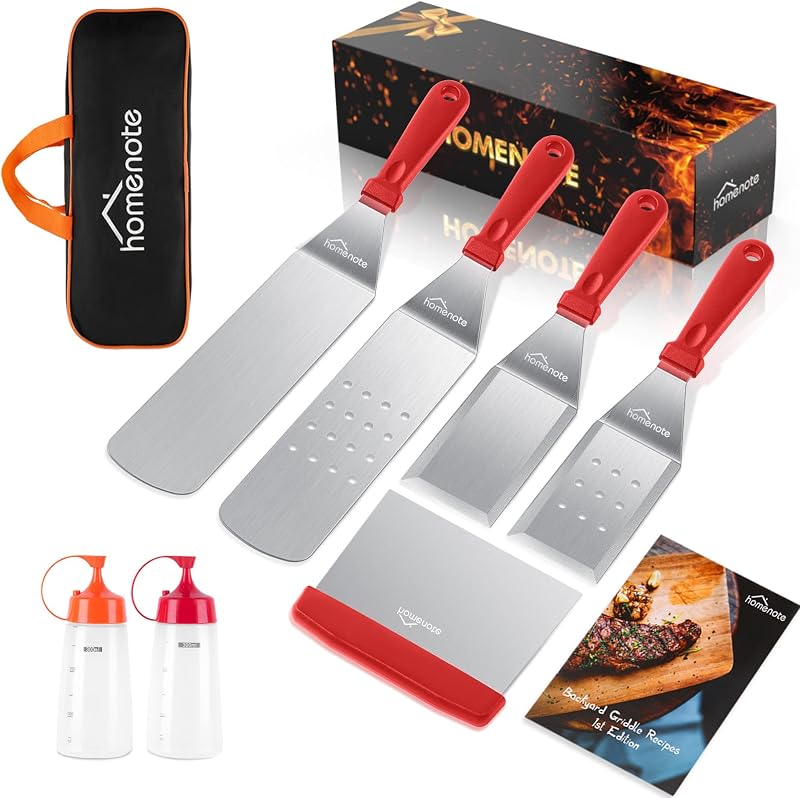 Red Griddle Accessories Kit, Griddle Spatula Set for Blackstone | 8-Piece flat top grill tools include 4 spatulas, scraper, 2 squeeze bottles and storage bag with red plastic handles.