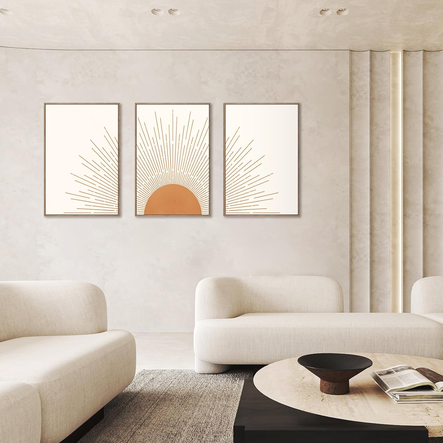 Gisipameis Boho Minimalist Wall Art Set of 3 Framed Canvas Prints with Sun Rising on the Horizon Mid Century Modern Neutral Home Decor Bohemian Style for Living Room Bedroom Bathroom Office 16x24in