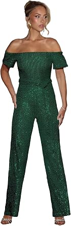 Emerald Green Jumpsuit for Women Petite Off The Shoulder Sequin Romper with Belt Wedding Guest Outfit Size 10
