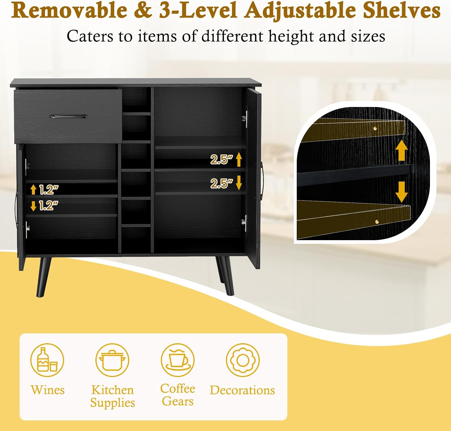 LOKO Farmhouse Buffet Cabinet with Storage, Modern Wine Bar Cabinet with 6-Bottle Wine Rack, Pull-Out Drawer & Adjustable Shelves, Accent Storage Organizer for Kitchen, Living Room (Black)