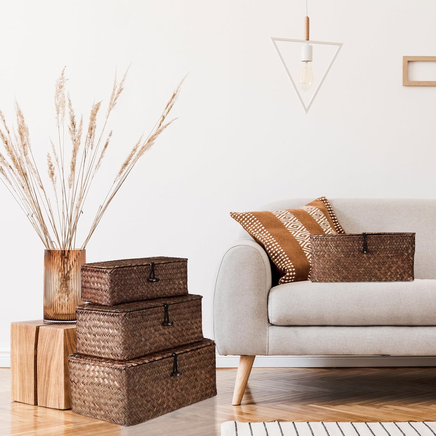 Woanger Set of 4 Wicker Storage Baskets Organizer，Handwoven Storage Bins with Lid for Organizing, Home Utility Box for Home Office Supplies Multipurpose Container(Coffee)