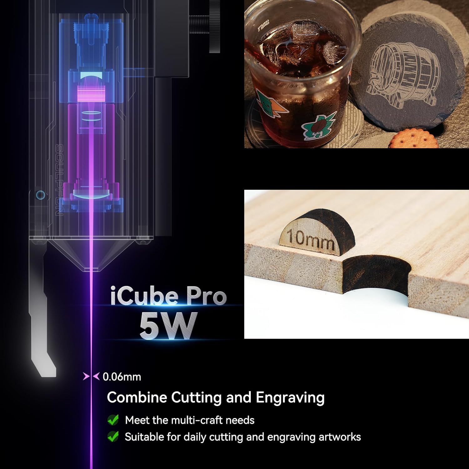 SCULPFUN iCube Pro Laser Engraver, 5000mW Desktop Laser engraving machine with Smoke Filtration System, Laser Class 4 Laser cutter, 0.01mm Carving Precision, 125×125mm Engraving Area(5W)