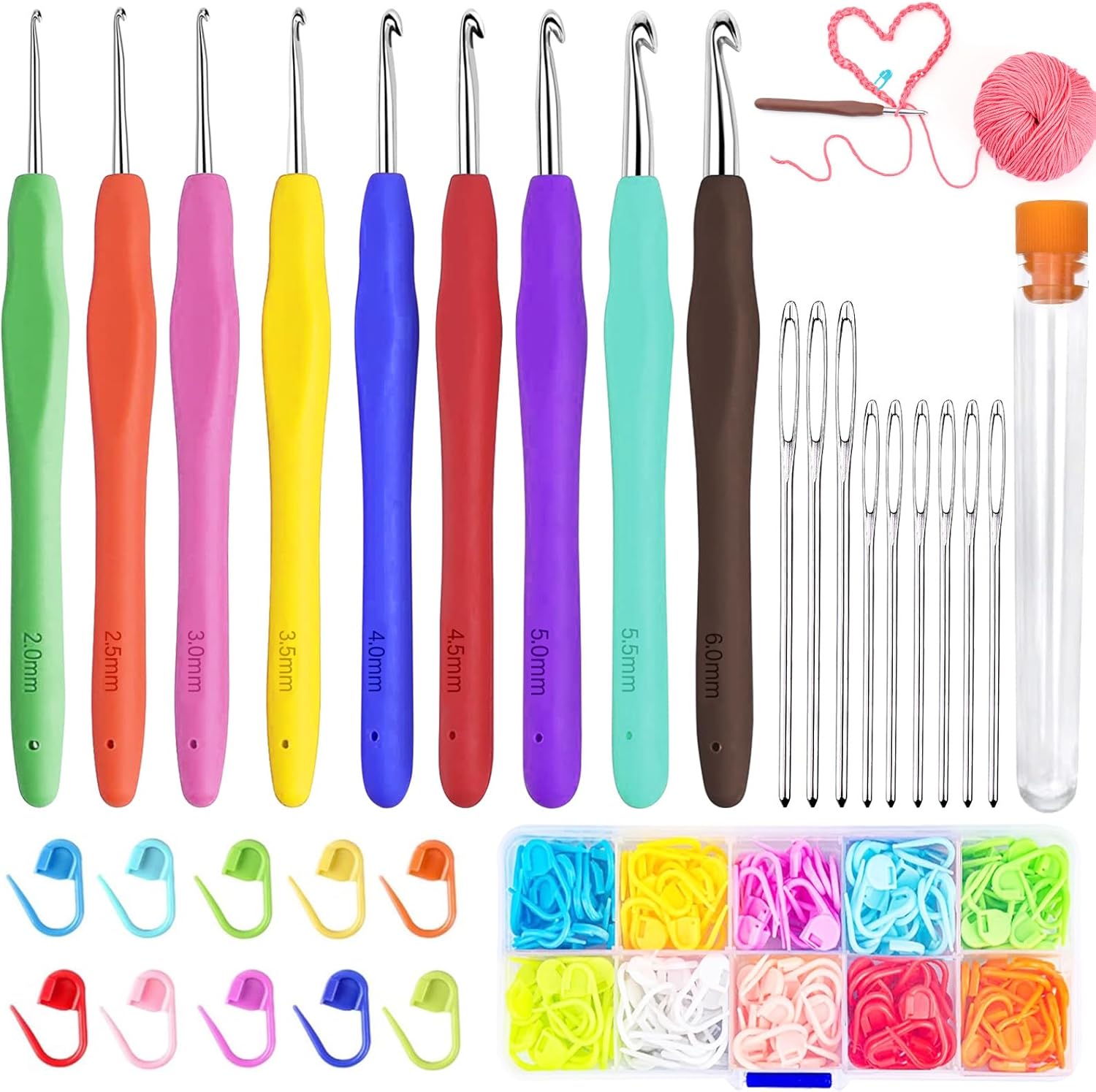 Bighan Crochet Hook Set, 9 PCS 2mm6mm Crochet Hooks Soft Grip Crochet Handles, 150 PCS Locking