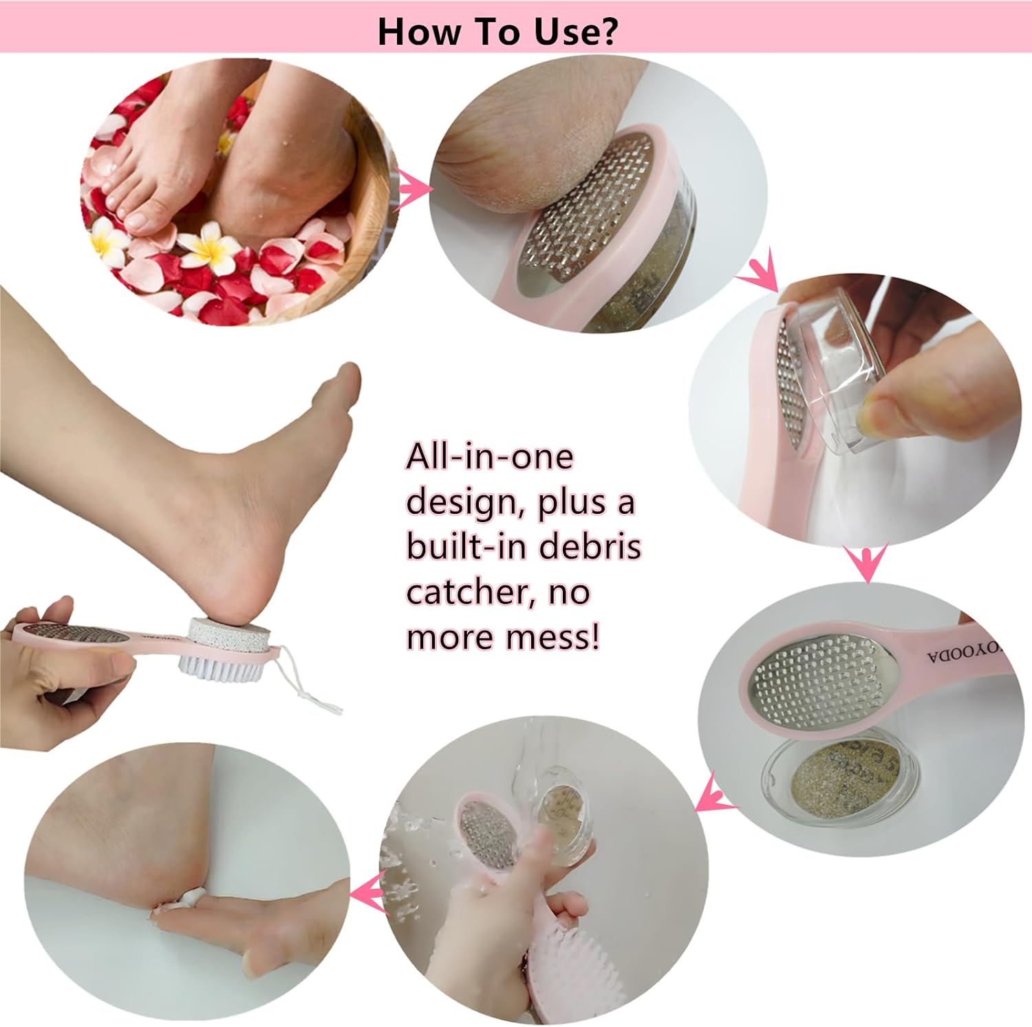 Foot Scrubber Brush with Pumice Stone for Feet, 5-in-1 Foot File Callus Remover, Stainless Steel Feet Scraper, Cleaning Brush and Sand Paper Debris Catcher, Multi Purpose for Home Foot Care
