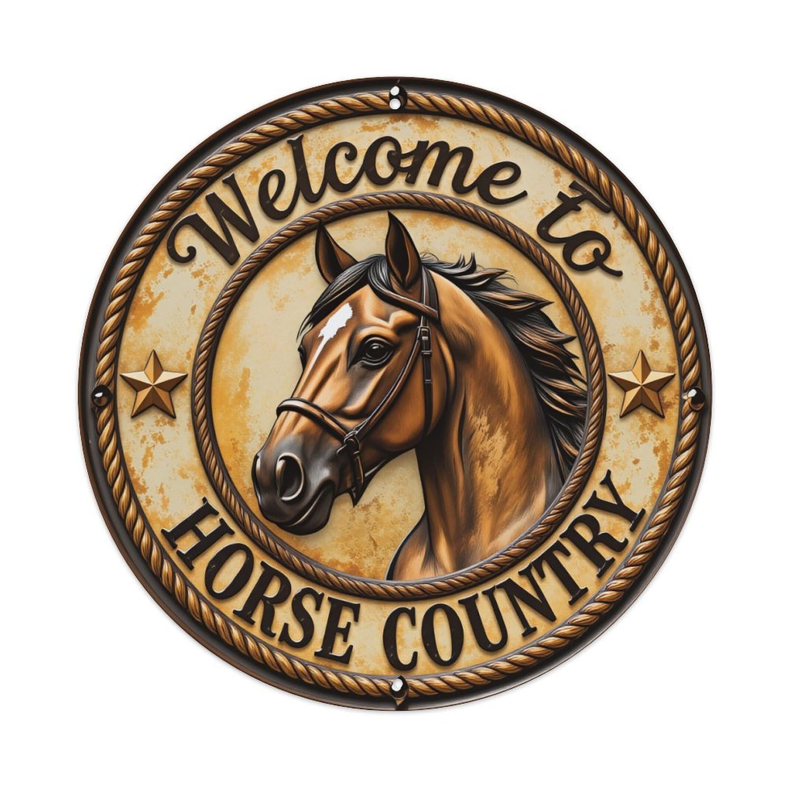 Horse Country Welcome Sign Pattern Round Tin Sign Vintage Metal Poster, Home Bar Garage Man Cave Cafe Indoor & Outdoor Wall Decoration 8x8Inches