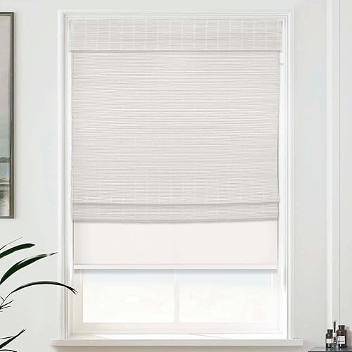 MOOD Persiana enrollable opaca de bambú doble + persiana romana de bambú inalámbrica con una persiana opaca como forro  Doble blanco