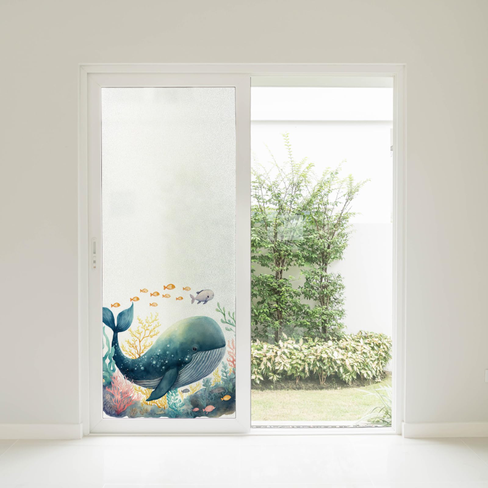 Privacy Film for Glass Windows 60x116Cm Whales And Fish Stained Glass One Way Window Film,Decorative Sun Blocking Glass Clings Stickers,Static Cling Coverings Decals for Home Door,Window Stickers