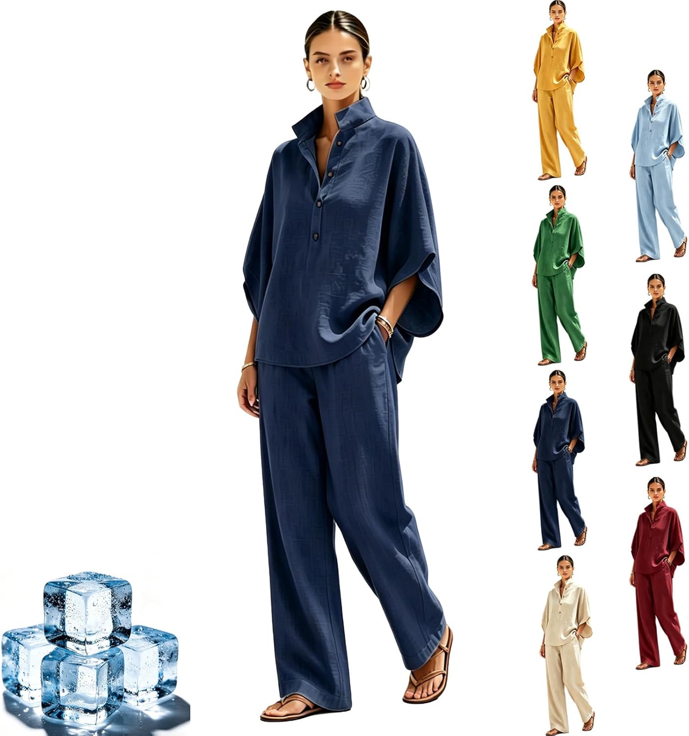 Casual Batwing Sleeve Linen and Cotton Shirt and Trousers Two-Piece Set, Women’s Batwing Sleeve Linen Cotton Two-Piece Set