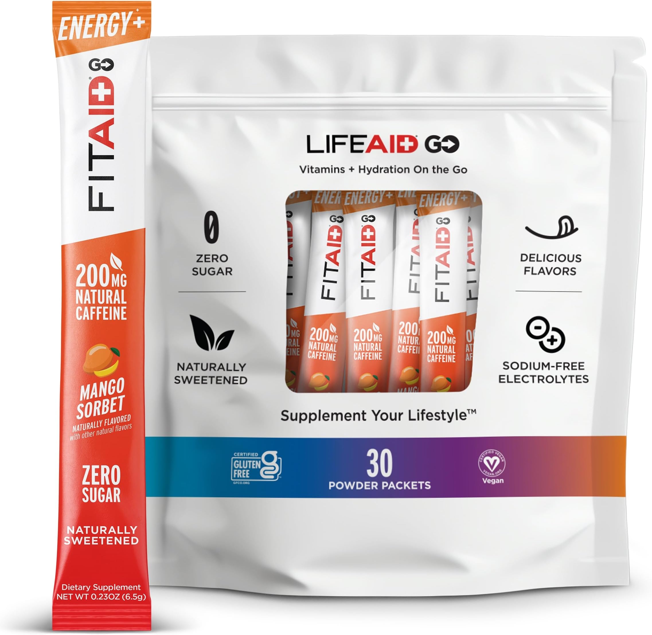 - FITAID Energy GO Blend, 200mg Caffeine from Green Tea, Zero Sugar, All-in-One Drink: BCAAs, B-Complex, COQ-10, Keto Friendly Pre-Workout Drink, Paleo, Mango Sorbet, (Value Pack of 30)
