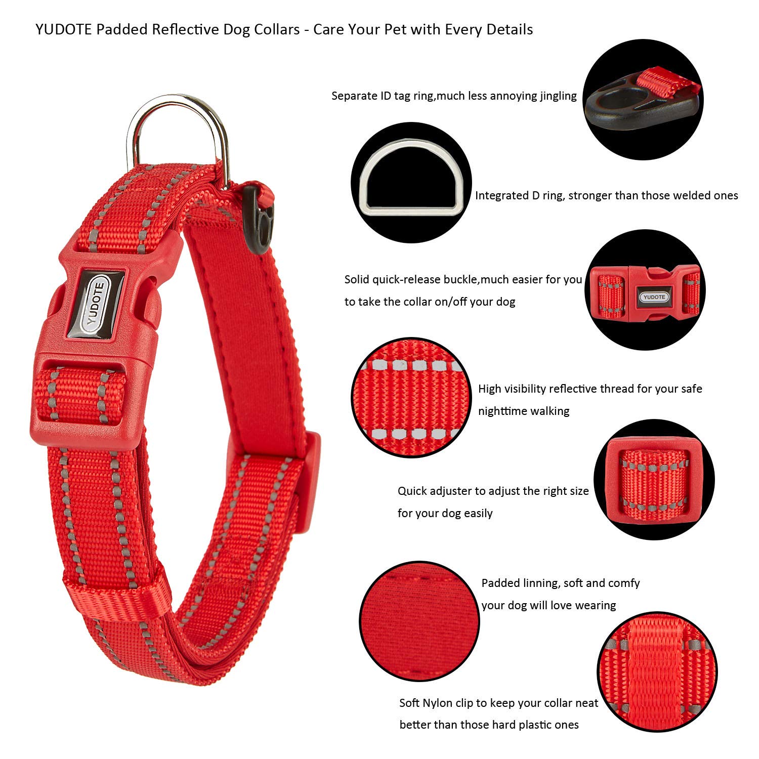 YUDOTE Collare per cani Piccolo e resistente tessuto in nylon riflettente con fodera imbottita in neoprene morbido e confortevole per cani di piccola taglia Uso quotidiano,Rosso